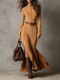 Divine Elegance: High-Waist Fishtail Maxi Dress – Long Sleeve Split Gown for Church & Everyday Grace
