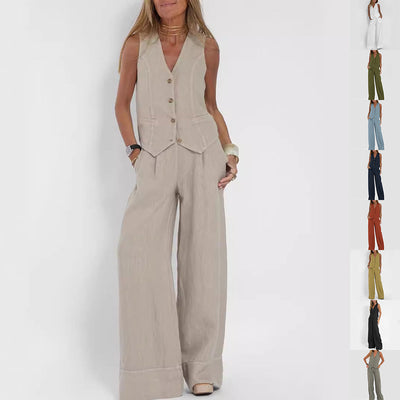 Elegant Women's Cotton-Linen Summer Vest & Trousers Set – Lightweight, Breathable & Stylish