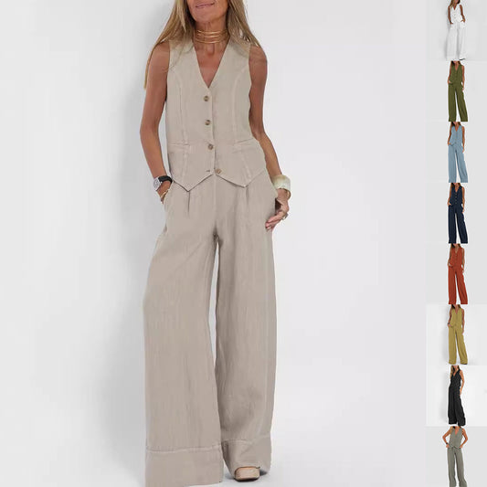Summer Vest Suits V-neck Botton Sleeveless Top And Loose Straight Trousers Casual Womens Clothing What Else You Got?