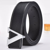 Unisex Smooth Buckle Leather Belt – V-Buckle Stitched Design