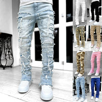 Men’s Bold Stacked Ripped Patch Jeans – Fashionable Streetwear Denim