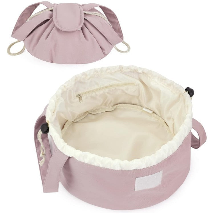 Women’s Barrel Drawstring Makeup Bag – Large‑Capacity Travel Cosmetic Organizer Pouch (Pink & Sky Blue) What Else You Got?