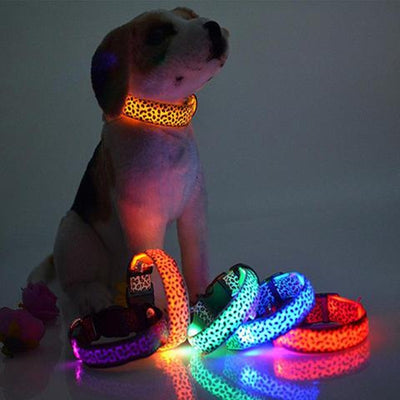 Glow-in-the-Dark LED Dog Collar - Safety Adjustable Nylon Leopard Pet Collar for Nighttime Walks