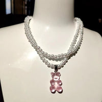 Transparent Gummy Bear Pearl Necklace – Y2K Jelly Bear Pendant in 4 Colors