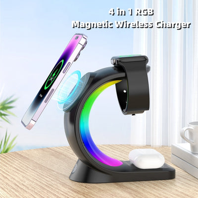 4-in-1 Magnetic Wireless Charger Hub – Fast Charge iPhone, Apple Watch & AirPods – Ambient Light Nightstand Stand