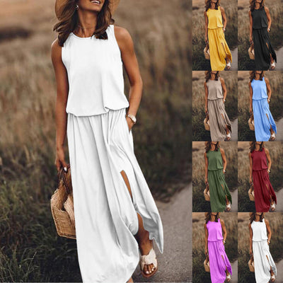 Elegant Women's Summer Dresses - Side Slit A-Line Sundress with Pockets (Solid Casual O-Neck Sleeveless)