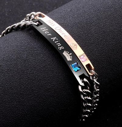 His Queen Her King Couple Bracelet Set – Black Rose Gold Crystal Chain Matching Jewelry for Couples