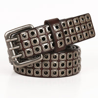 Genuine Leather Men's Belt – Corn-Grain Texture with Hollow Rivet Buckle