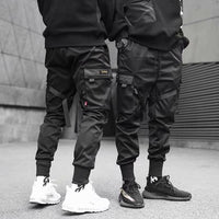 Men's Streetwear Harem Jogger Cargo Pants – Hip Hop Track Pants with Ribbon Detail & Cargo Pockets