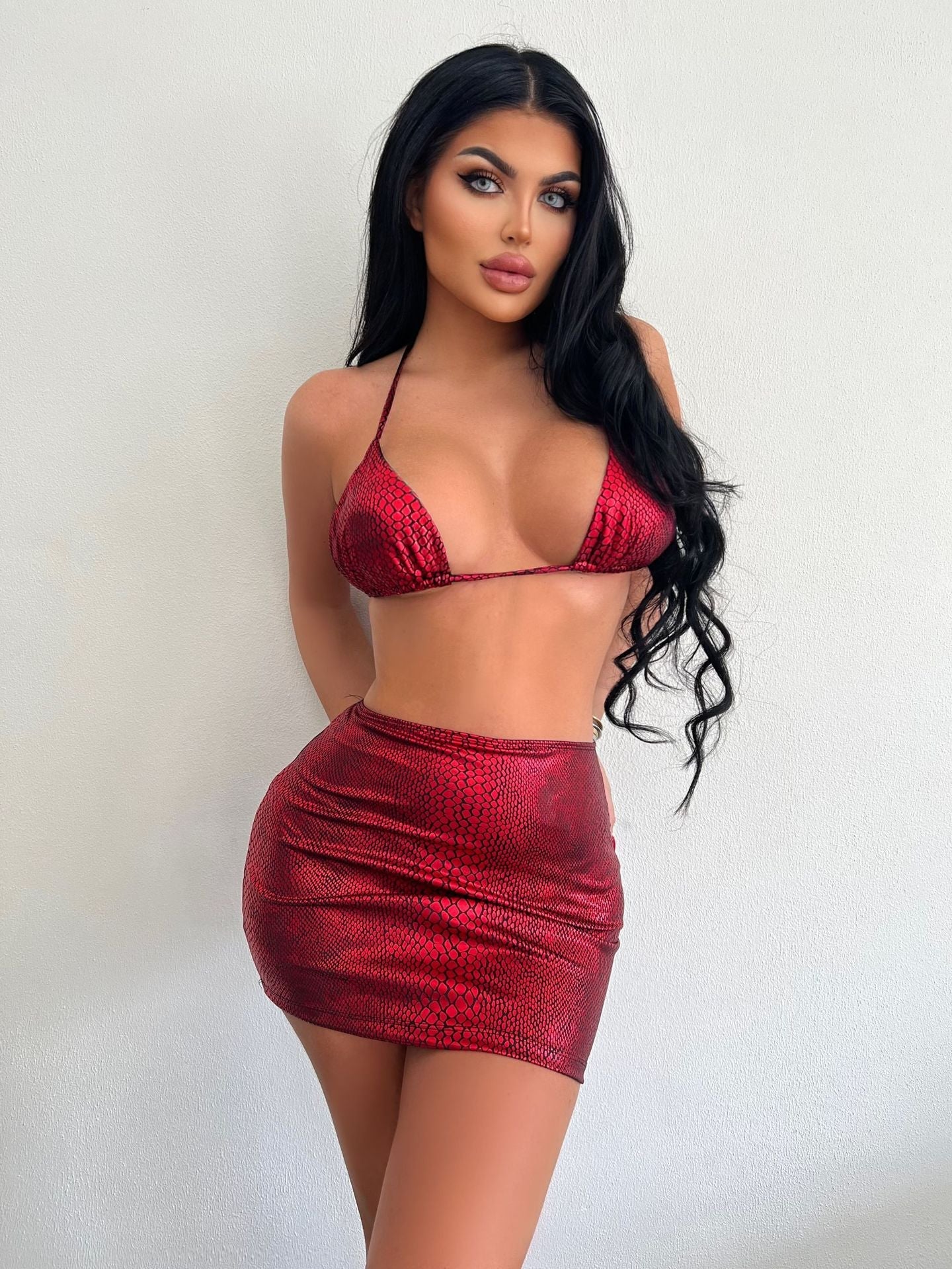 Women's 3 Piece Bathing Suits Halter Snake Pattern Bikini Set With Cover Up Skirt Summer Swimsuit What Else You Got?