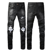 Men's Classic Black Ripped Jeans - Vintage Stretch Denim, Mid-Rise Straight Fit (Black)