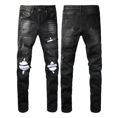 Men's Classic Black Ripped Jeans - Vintage Stretch Denim, Mid-Rise Straight Fit (Black)