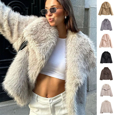 Women’s Plush Lapel Coat – Warm Spandex-Blend Winter Outerwear XS–L