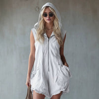 Elegant Boho Women's Cropped Jumpsuit - Retro Zip-Up Hoodie Style in Cotton-Linen Blend