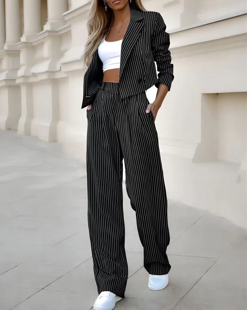 Women's Spring Fashion Striped Suits Casual Lapel Long Sleeve Cropped Top And Straight Pants Outfits Women's Clothing What Else You Got?