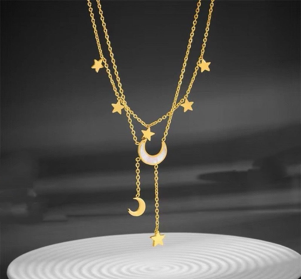 Celestial Moon & Stars Necklace – Gold Layered Chain Astrology Jewelry