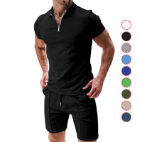 Men's Summer Casual Waffle Suit Set – Zipper Lapel Top & Drawstring Shorts (2-Piece Set)