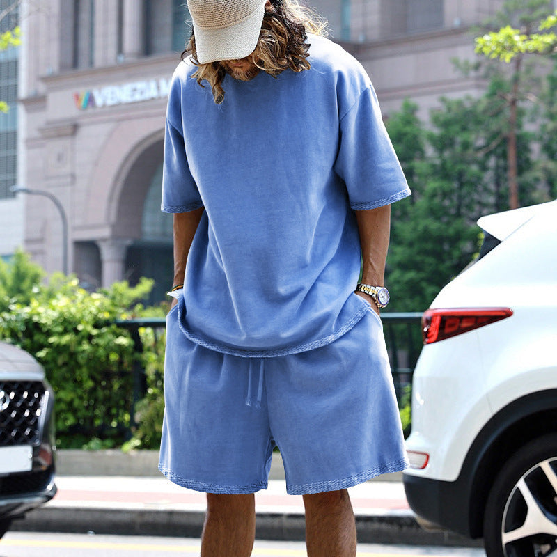 2pcs Loose Sports Suits Summer Round Neck Short-sleeved T-shirt And Drawstring Pockets Shorts Casual Solid Color Set Mens Clothing What Else You Got?
