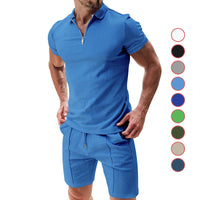 Men's Summer Casual Waffle Suit Set – Zipper Lapel Top & Drawstring Shorts (2-Piece Set)
