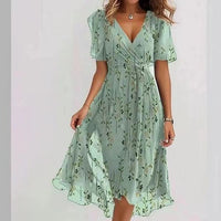 Women's Chiffon V-Neck Dress – Short Sleeve Printed Summer Dress