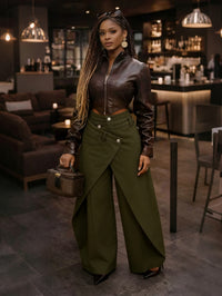 Women's Wide-Leg Pants with Metal Buckle – Retro High-Waisted Trousers