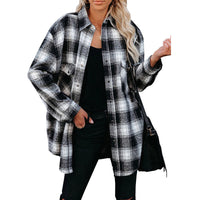 Women's Spring Flannel Shirt | Loose Fit Plaid Blouse with Turndown Collar | Mid-Length Overshirt - Multiple Colors