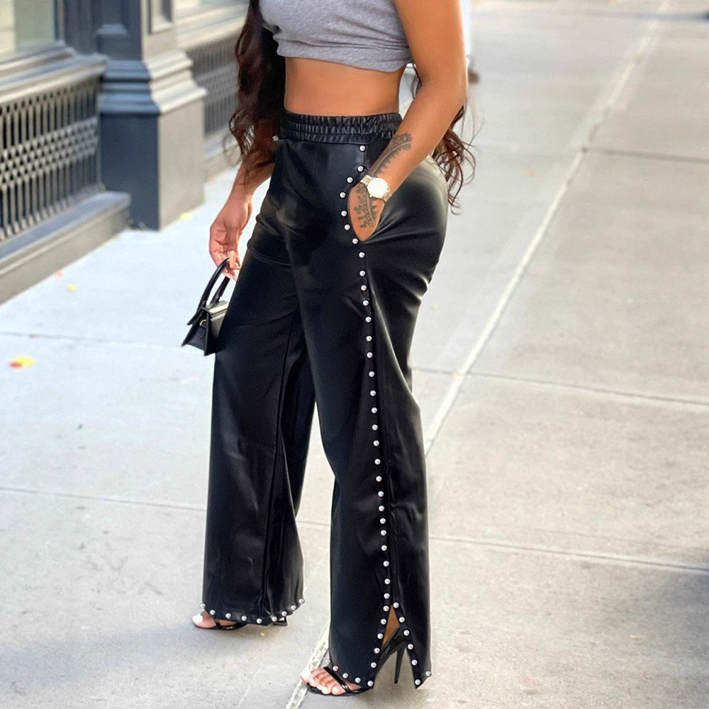 Women's Rhinestone PU Leather Wide Leg Pants