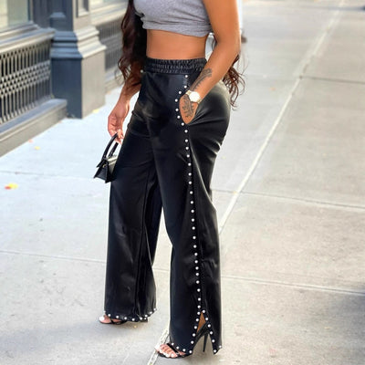 Women's Rhinestone PU Leather Wide Leg Pants