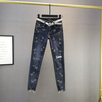High Waist Slim Slimming Butterfly Hot Rhinestone Cotton Elastic Feet Pencil Pants