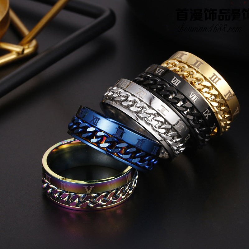 Men’s Roman Numeral Rotating Chain Ring – Titanium Steel Spinner Band, High‑Quality Punk Style Jewelry What Else You Got?