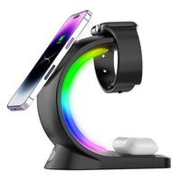 4-in-1 Magnetic Wireless Charger Hub – Fast Charge iPhone, Apple Watch & AirPods – Ambient Light Nightstand Stand
