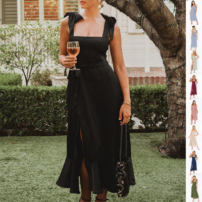 Elegant Lace-Up Suspender Dress with Ruffled Hem & Side Split - Summer Chic