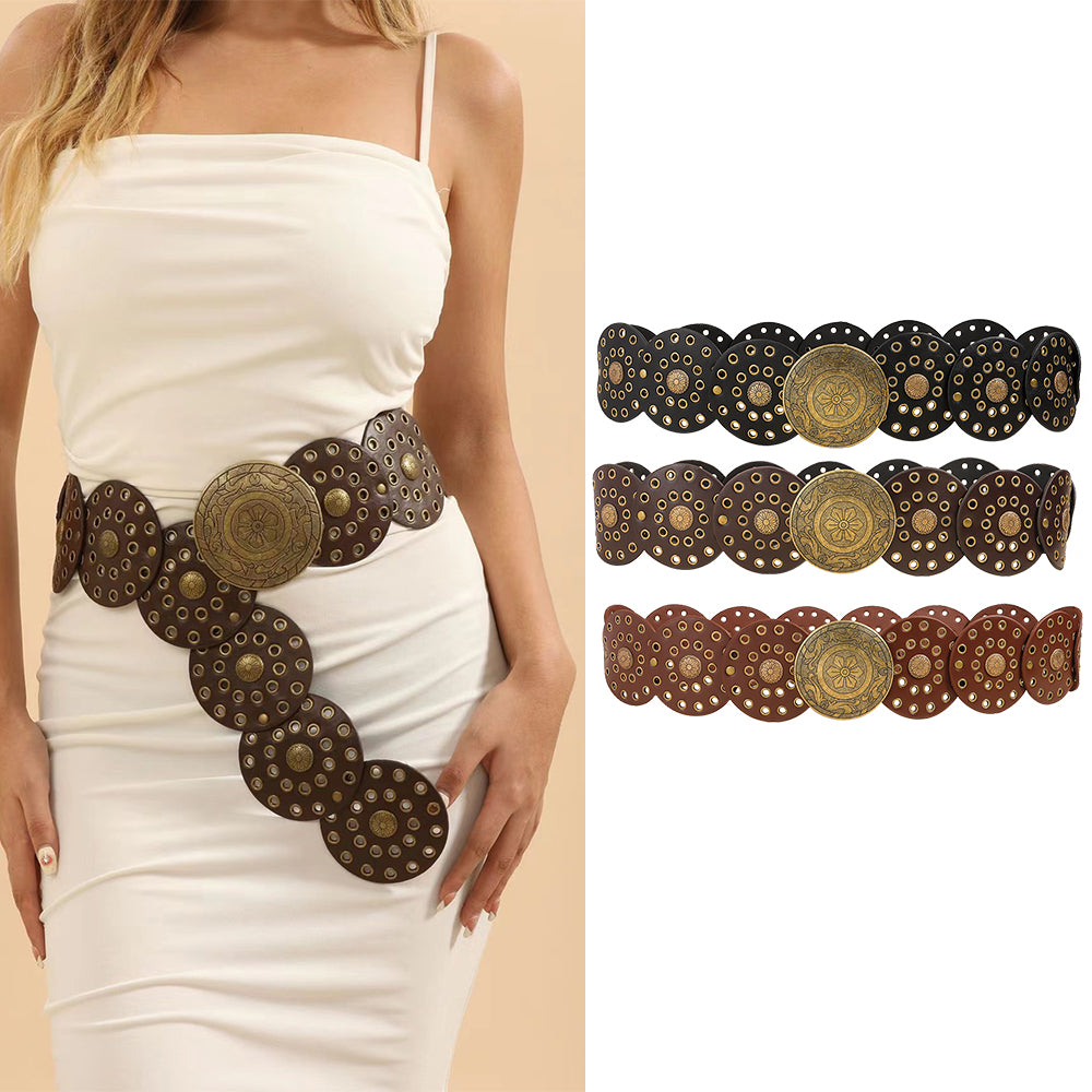 Unisex Retro Hip-Hop Belt – Cutout Round Buckle Punk Belt