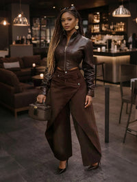 Retro High-waisted Cross-over Metal Buckle Irregular Wide-leg Pants