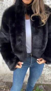 Cozy Faux Fur Jacket – Warm Winter Zip-Up Coat for Women | Plush Stand Collar Streetwear