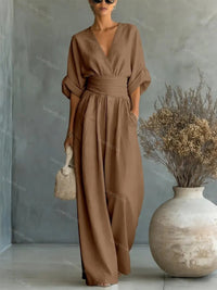 Elegant Waist-Cinching V-Neck Jumpsuit for Women - Modest & Stylish | Christian Fashion
