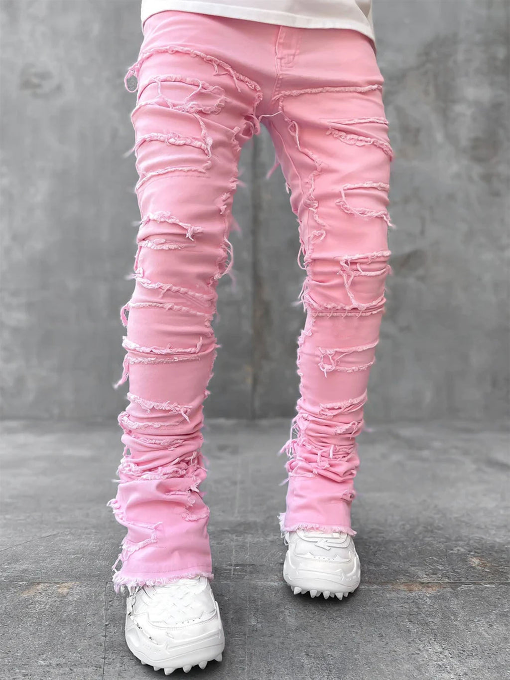 Men’s Stacked Ripped Patch Jeans – INS Fringe Streetwear Slim Fit Trousers What Else You Got?