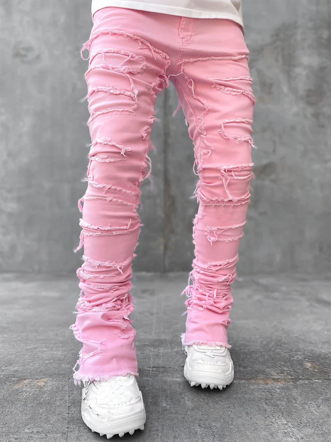 Men’s Stacked Ripped Patch Jeans – INS Fringe Streetwear Slim Fit Trousers What Else You Got?