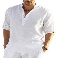 Men's Breathable Linen-Cotton Long Sleeve Shirt - Stand Collar Casual Wear for Spring & Summer