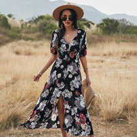 Graceful Summer Floral Dress - V Neck Elastic Waist Comfort Fit for Women