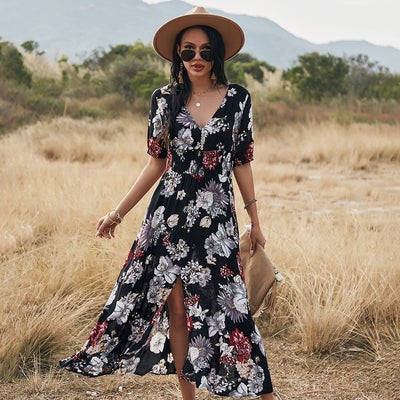 Graceful Summer Floral Dress - V Neck Elastic Waist Comfort Fit for Women