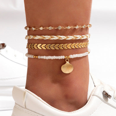Bohemian Woven Rope Foot Chain Anklet Set - Stylish Geometric Alloy Beads Ankle Jewelry for Men & Women