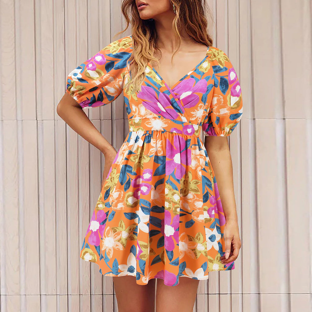 Flowers Print V-Neck Lantern-sleeve Dress Y2K Summer Vacation Beach Short Dresses Fashion Womens Clothing What Else You Got?