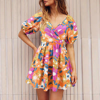 Blooming Beauty: Floral V-Neck Lantern Sleeve Dress
