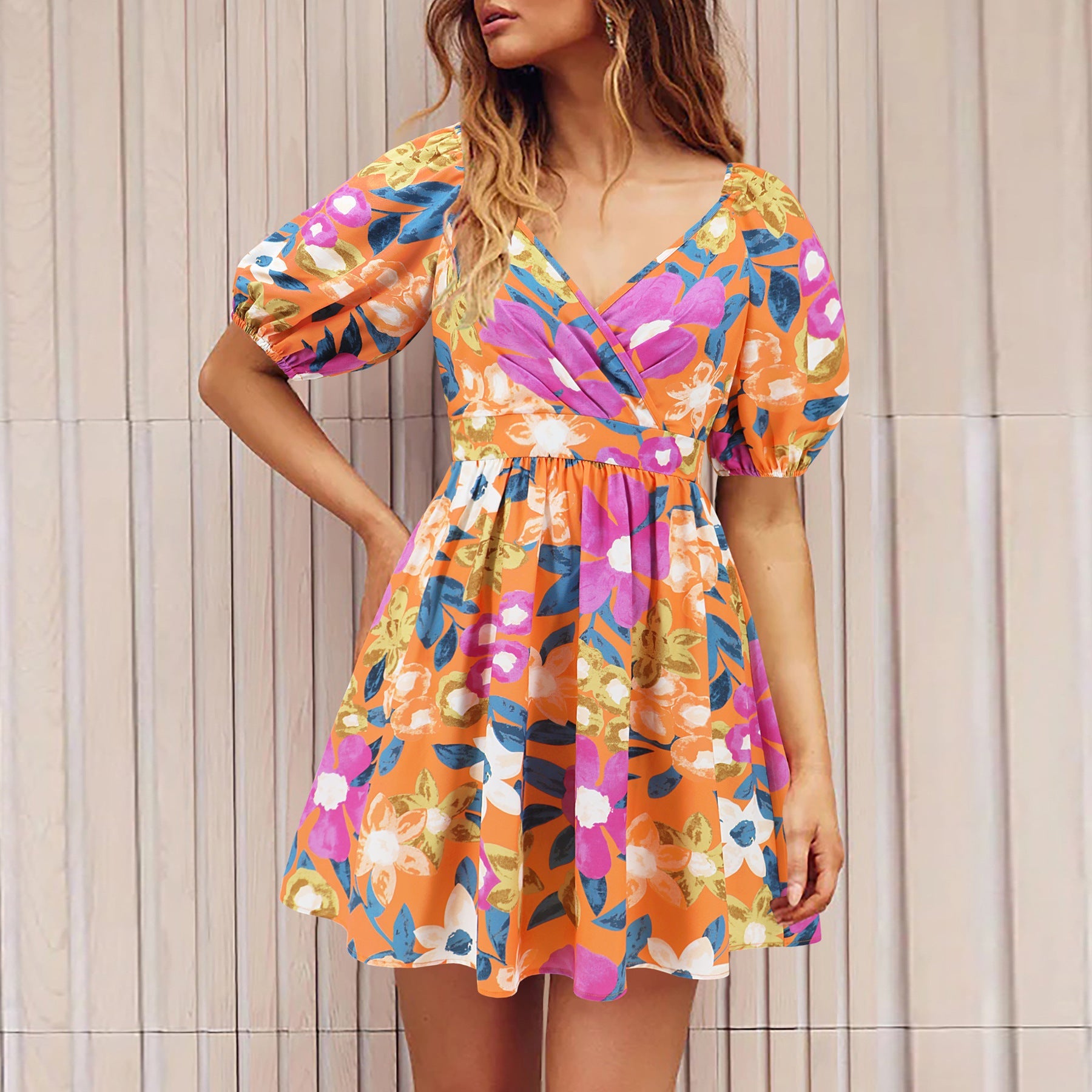Flowers Print V-Neck Lantern-sleeve Dress Y2K Summer Vacation Beach Short Dresses Fashion Womens Clothing What Else You Got?