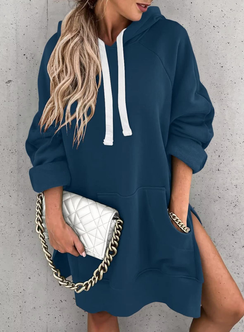 Women's Hooded Sweatshirt With Pockets Fashion Casual Split Mid-length Sweater Drawstring Tops What Else You Got?