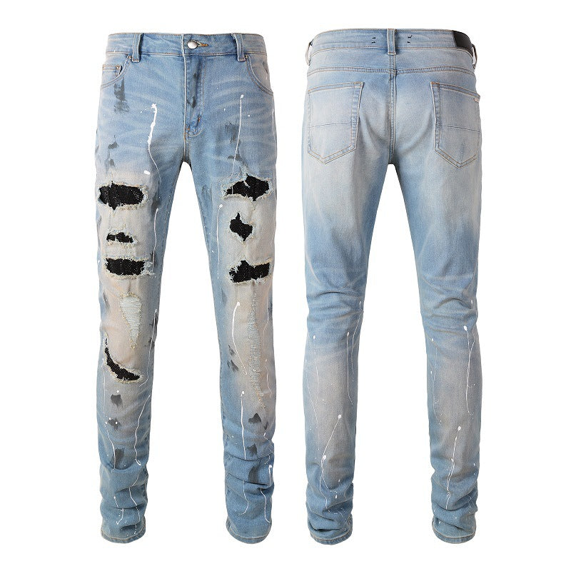 Jeans Ripped Rhinestone Graffiti Skinny Pants