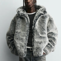 Men's Cozy Hooded Faux Fur Winter Jacket - Warm Tie-Dye Plush Coat in Gray-Green