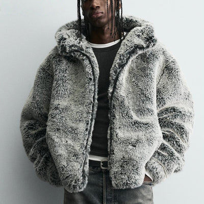 Men's Cozy Hooded Faux Fur Winter Jacket - Warm Tie-Dye Plush Coat in Gray-Green