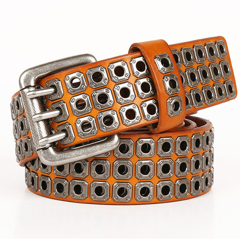 Genuine Leather Men's Belt – Corn-Grain Texture with Hollow Rivet Buckle